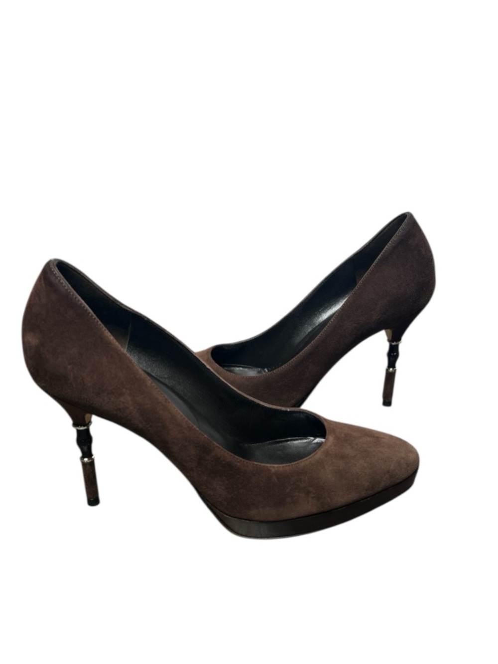 Gucci Bamboo Heel Brown Suede Leather Pumps Stiletto Classic Luxury Size 37